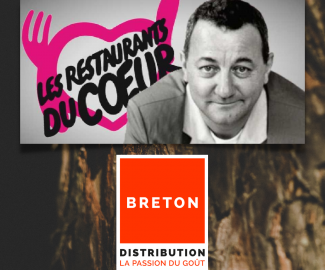 Logo des resto du cœur et du logo de breton distribution avec en fond un tronc d'arbre